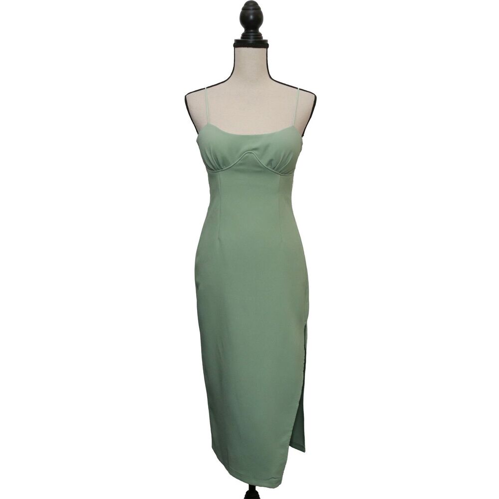 Here Comes The Sun Women's Size Med Olive Green‎ Midi Dress Sweetheart Neck Slit